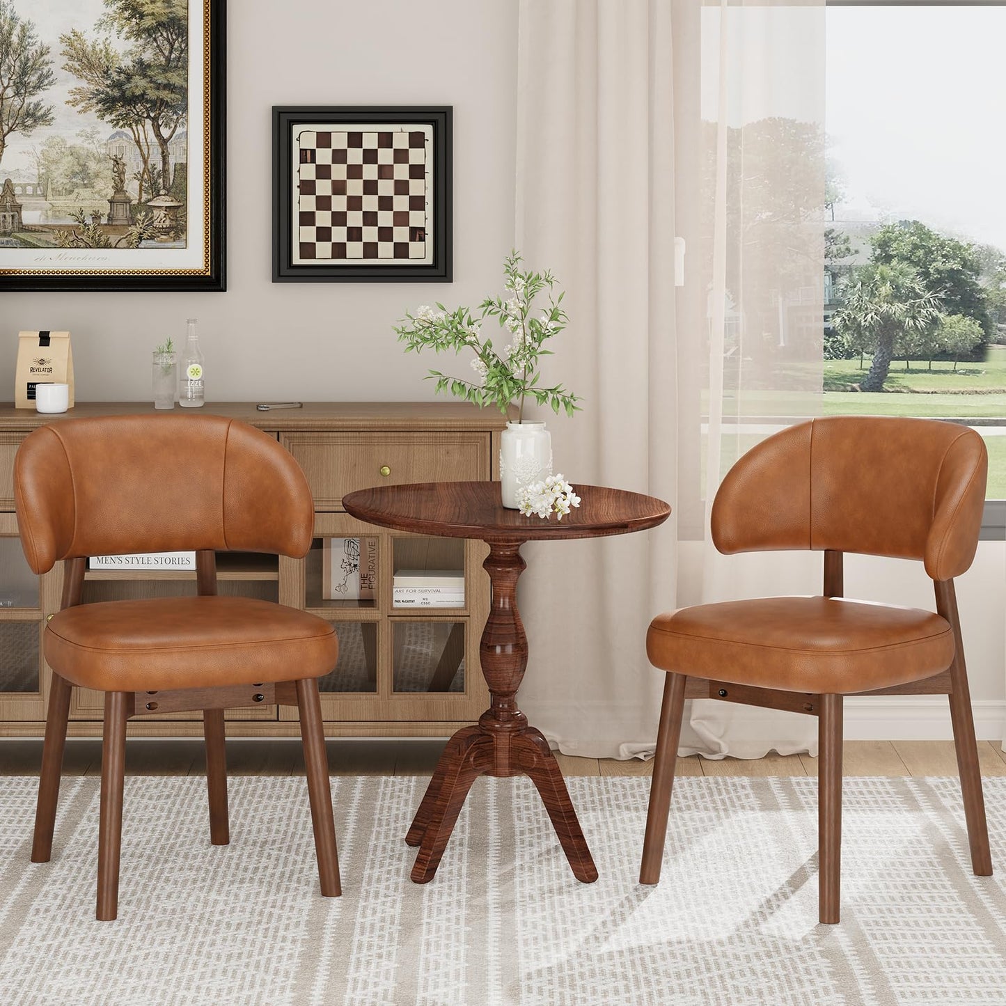 MALOL Wooden Dining Chairs Set of 6, Modern Upholstered Dining Room Chair, PU Leather Kitchen Side Chairs with Curved Open Back for Living Room/Restaurant/Cafe, Brown