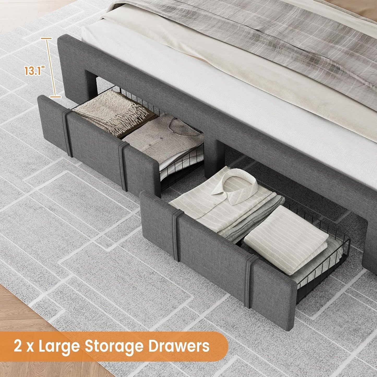IDEALHOUSE Upholstered King Size Bed Frame, Velvet Platform Bed Frame with Storage Drawers, Mattress Foundation with Solid Wooden Slats Support, No Box Spring Needed, Grey