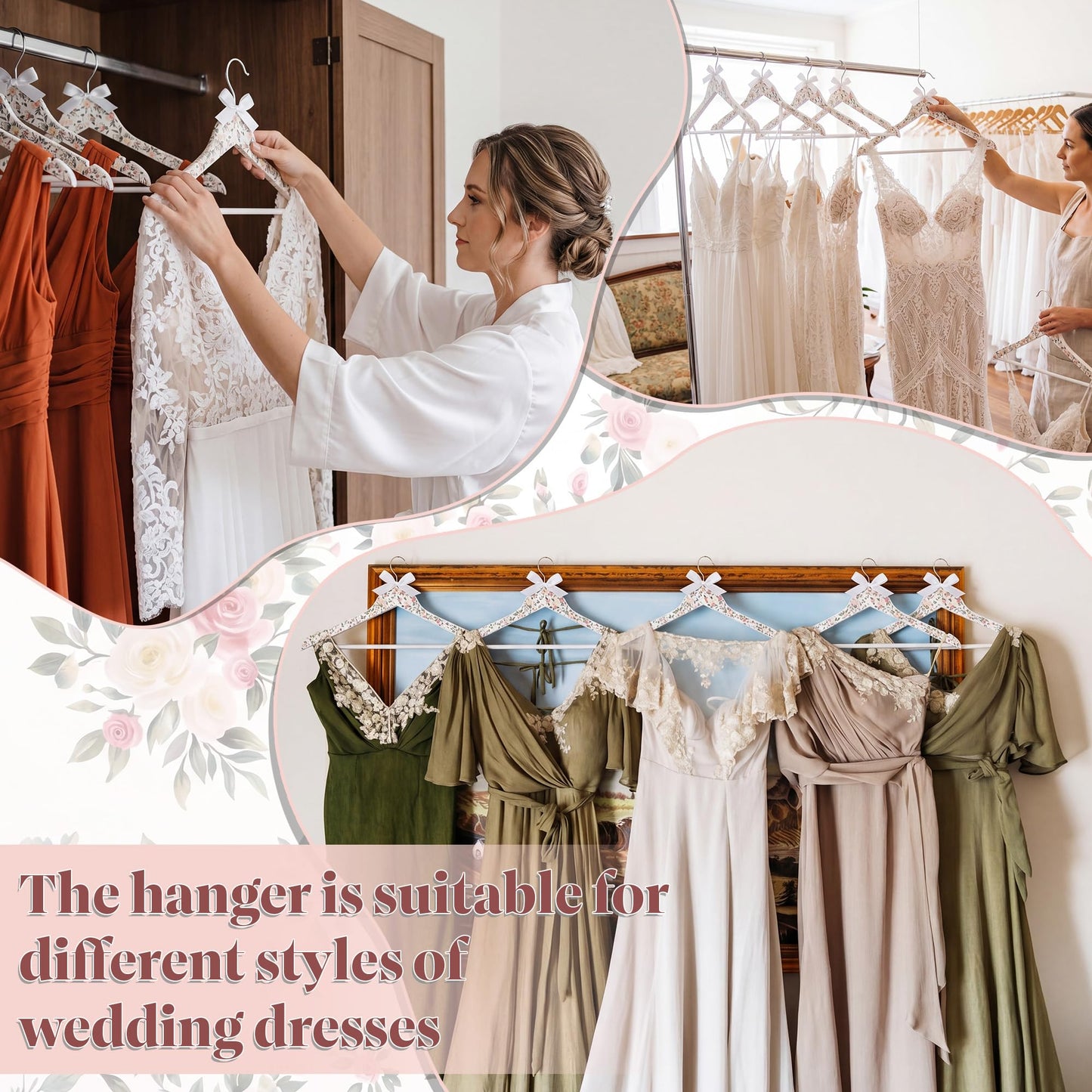 Junkin 10 Pcs Bridesmaid Hangers for Wedding Dress White Floral Bride Wooden Hanger for Bride Cute Bow Hangers for Bridal Shower Party Gift Tuxedo Photo