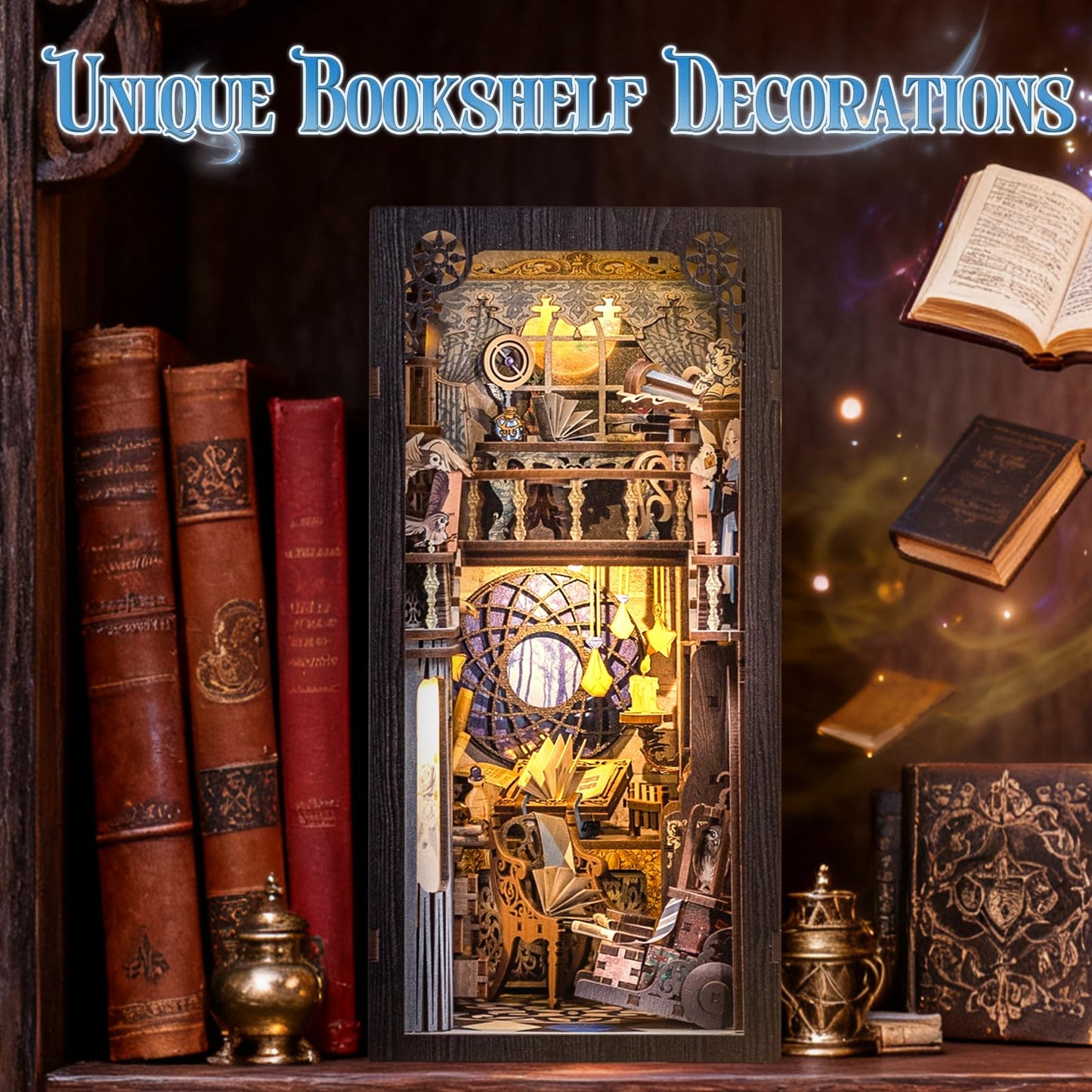 Fsolis Book Nook Kit, Bookshelf 3D Wooden Puzzles for Adults DIY Booknook Miniature Decorative Bookends with Light and Dust Cover Gifts for Women Readers Book Lovers (Nebula Common Room)