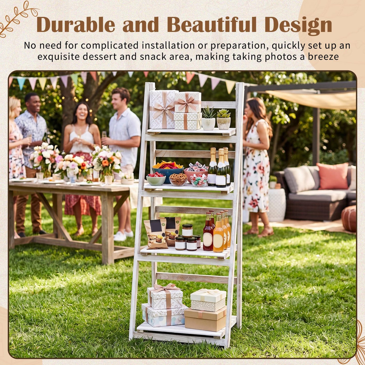 Sintuff White Wooden 4-tier Foldable Ladder Shelf, Sturdy Dessert & Snack Display Stand for Birthday Party & Wedding, Indoor Stand Corner Storage Bookshelf, Rustic Storage Rack, No Tool Assembly