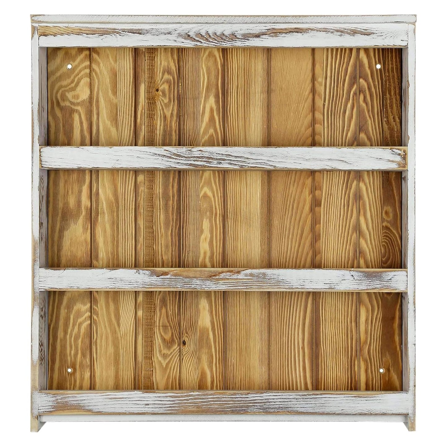 MyGift 3 Tier Spice Rack Wall Mount, Hanging Kitchen Pantry Storage Shelf for Seasoning Jars or Condiment Bottles, Shabby White Washed and Rustic Natural Burnt Solid Wood
