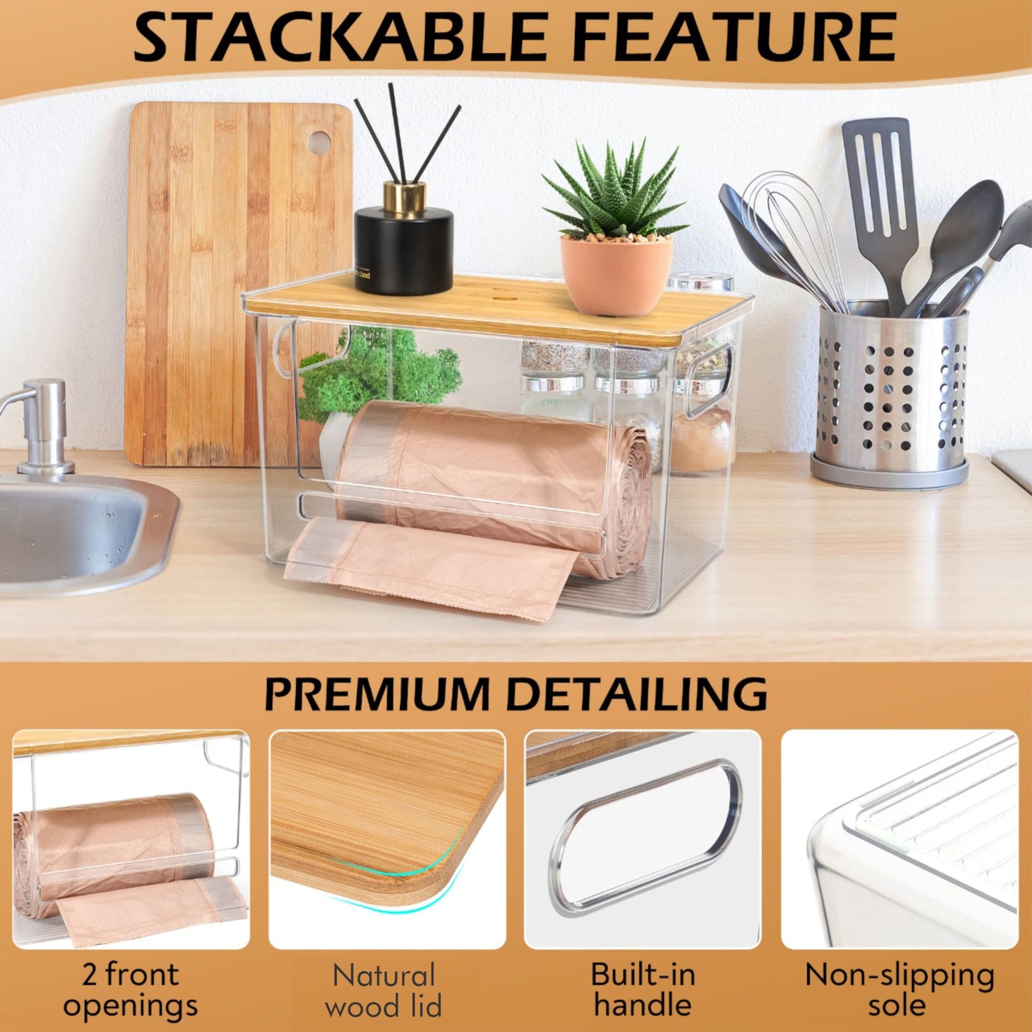 COZYCRAZE Stackable Trash Bag Dispenser with Wooden Top for Holding 13/30/33-Gallon Large Bag Sizes – Extra-Large Garbage Bag Holder with Anti-Slip Base, Trash Bag Dispenser Under Sink (11.5"x7.5"x7")