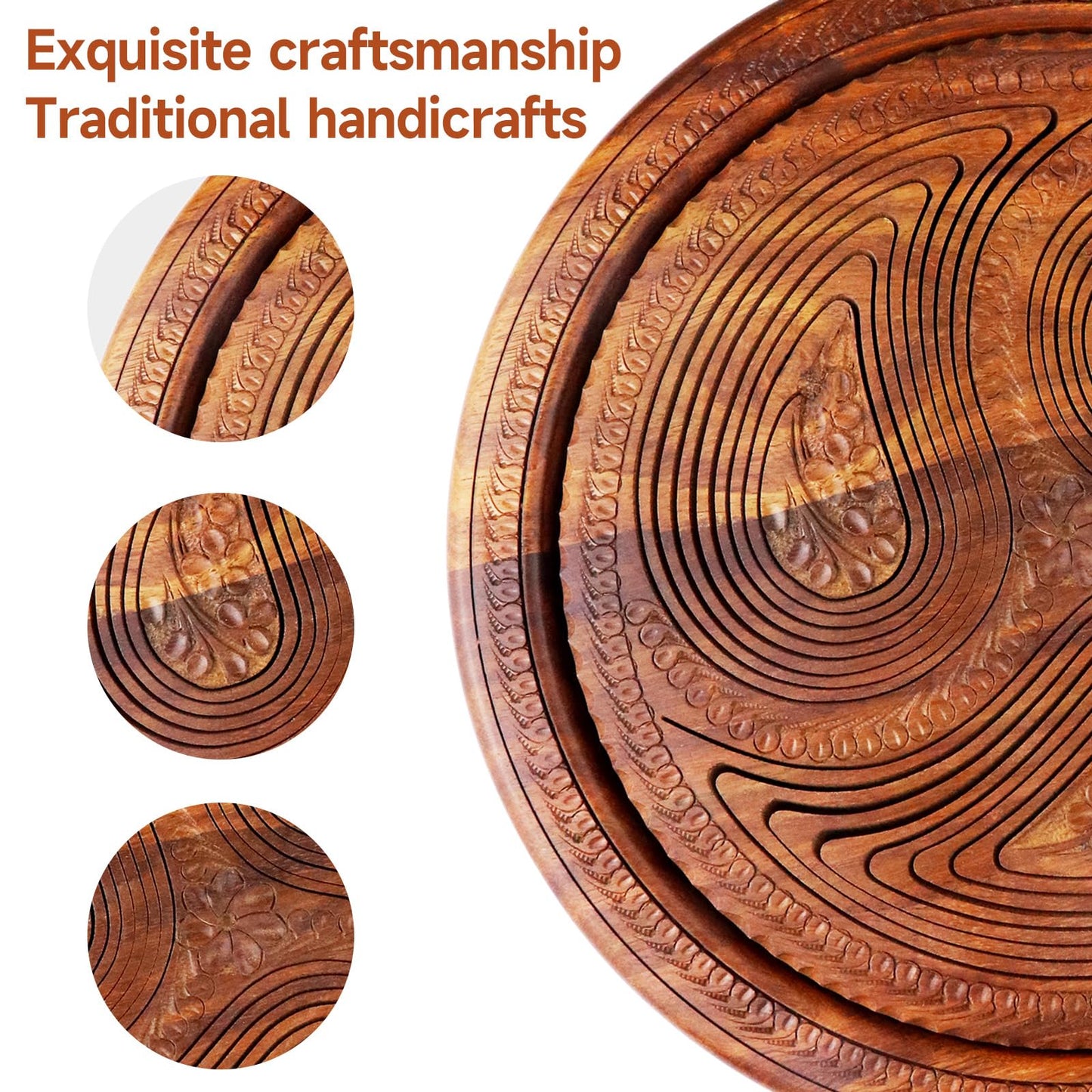 UnicornMAG Handmade 12" Collapsible Wooden Basket, 3-Compartment Paisley Design Fruit & Bread Bowl, Multi-Functional Trivet & Centerpiece, Folds Flat for Easy Storage