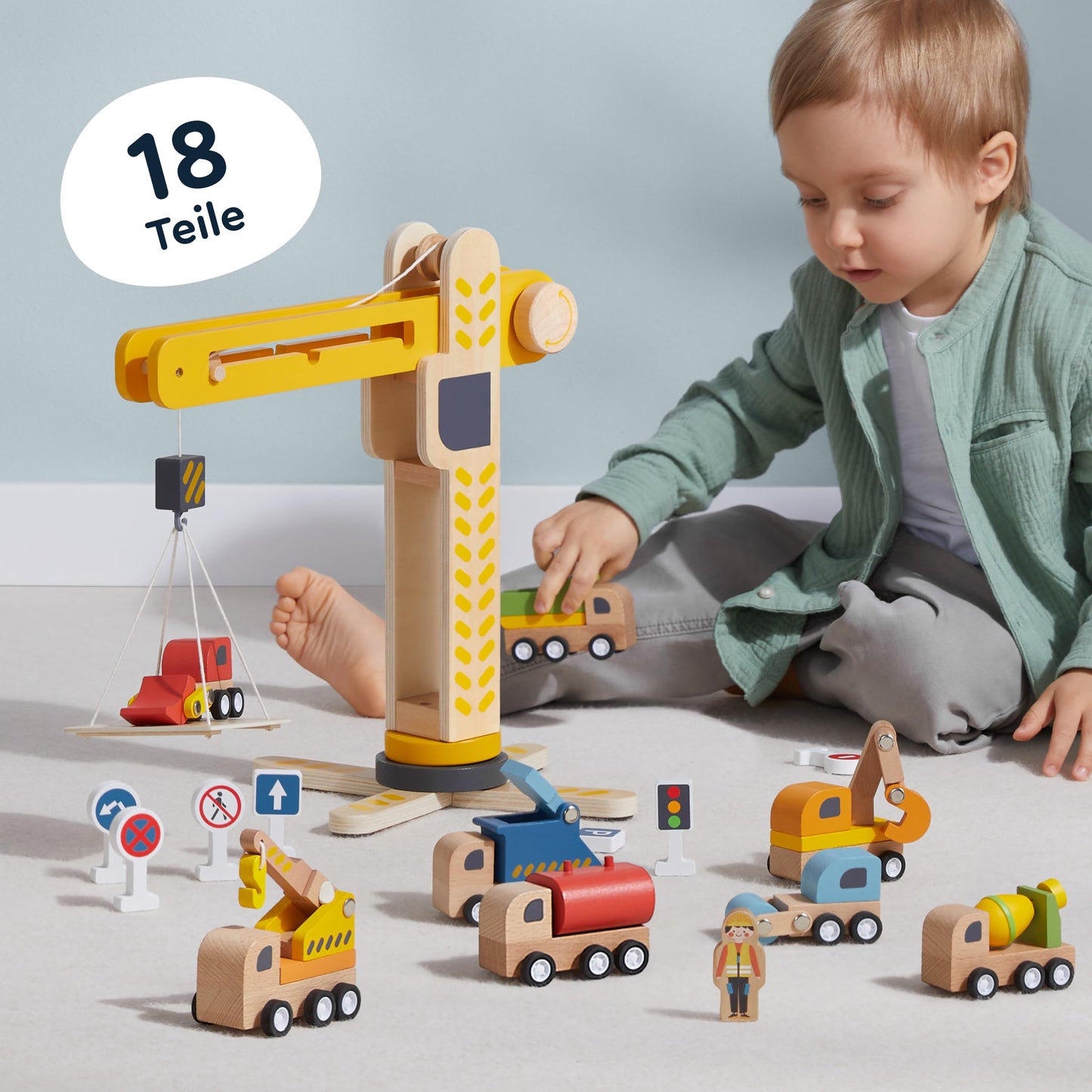 JERIDOO Interactive Wooden Construction Toy Crane, Rotating Base, Lifting Hook, with Vehicles, Excavator, Cement Mixer and Road Signs, 18-Piece Set for Toddlers 3-6, 8, Non-Toxic Wood, Parent-Designed