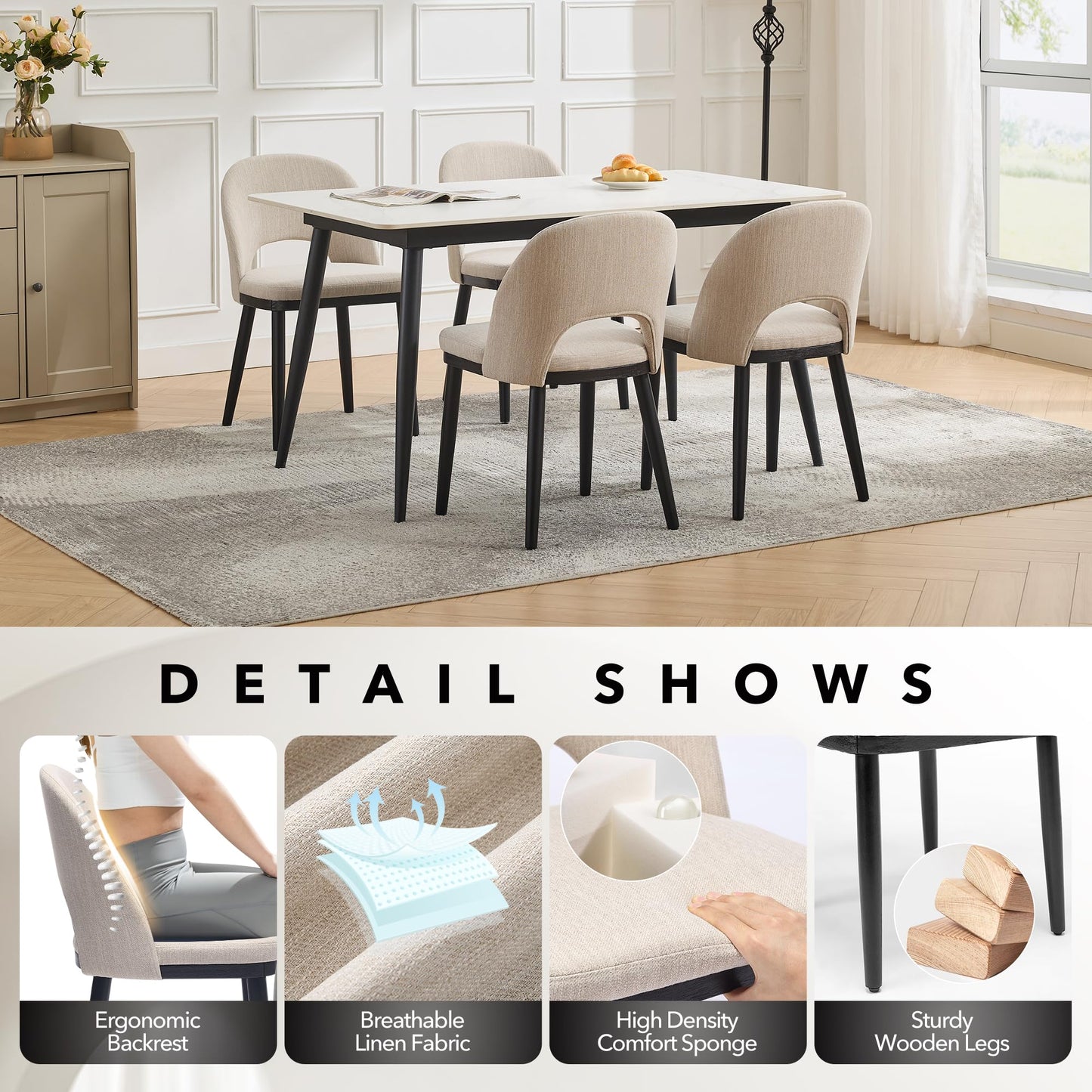 Wooden Dining Chairs Set of 6, Upholstered Kitchen Dining Room Chair, Modern Linen Fabric hollowed out Dinner Chair with Leveling Feet/hollowed out Backrest Support for Dining Room, Living,Beige