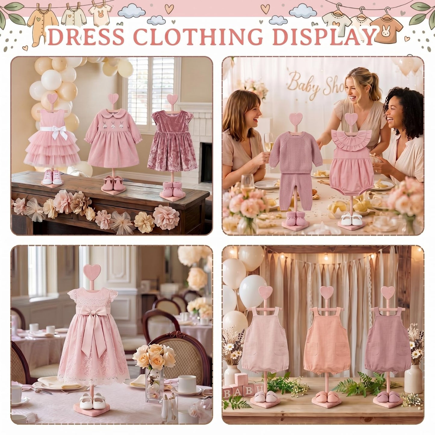 Fuutreo 2 Packs Baby Clothes Display Stands Heart-Topped Baby Shower Centerpiece Babies Clothes Rack with Bow Wooden Adjustable Outfit Hangers Display for Layette Dress, Hand Assembled (Pink)