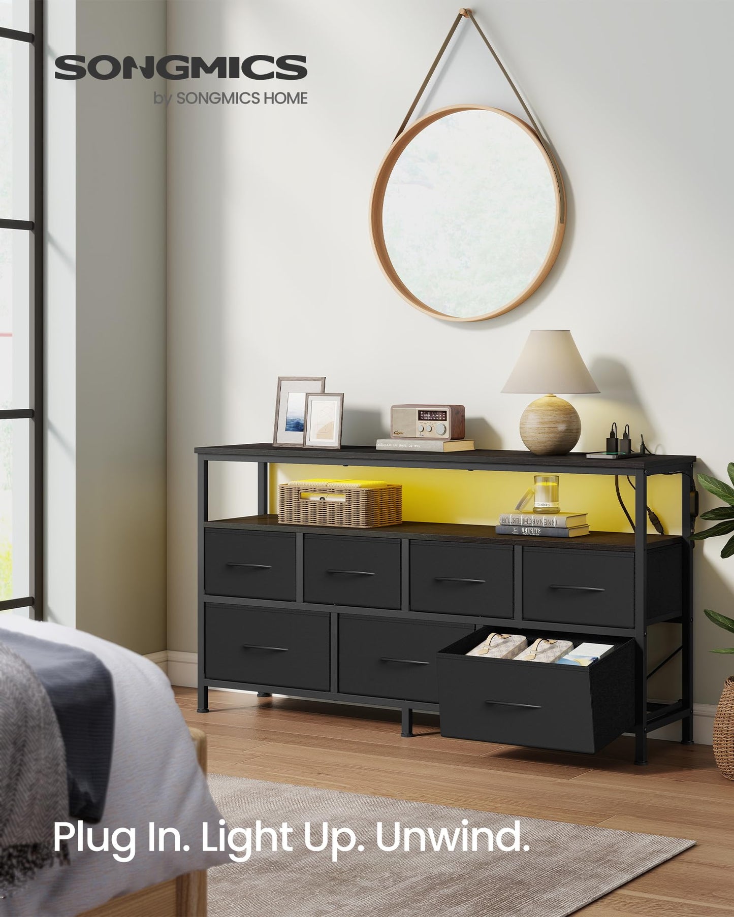 SONGMICS BELLAH Collection - Dresser for Bedroom with App-Controlled LED Lights and Charging Station, Chest of Drawers, TV Stand, 7 Drawers, Shelf, Modern, Ink Black ULGS733BH02S