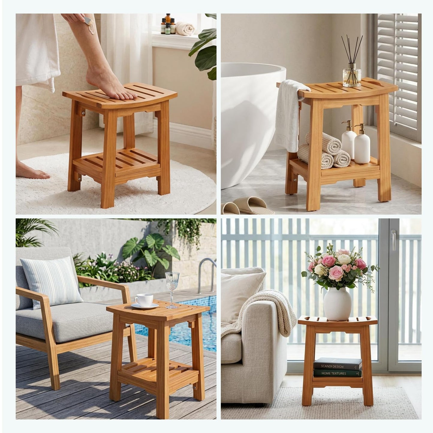 OLIXIS 14" Wooden Shower Bench, Waterproof Shower Stool for Shaving Legs, Bathroom Chair with Storage Shelf & Handles, 300 LBS Capacity Showering Seat for Senior, Adult, Disabled & Elderly