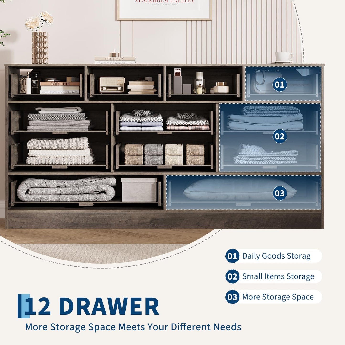 GarveeHome 12 Drawer Wooden Dressers for Bedroom, Wood TV Stand Dresser for 65 Inch TV, Modern Wood Chest of Drawers Clothes Storage Organizer for Living Room, Closet, Hallway, 61" L × 15.75" W
