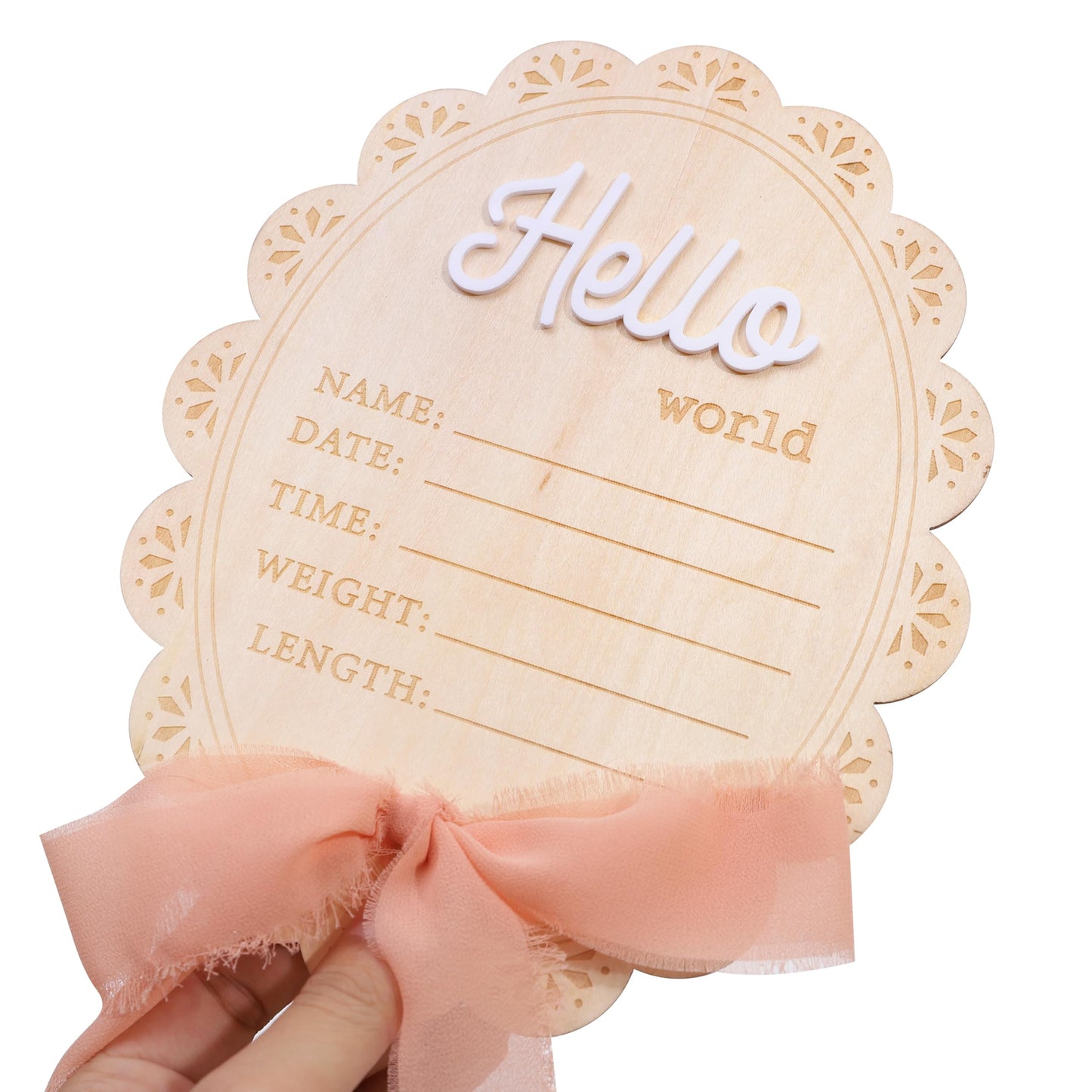 Girls Hello World Wood Sign - Newborn Birth Announcement Plaque, Scallop Edge Wooden Sign Disc, Hospital Name Welcome Baby Photo Props, Baby Shower Keepsake Gifts