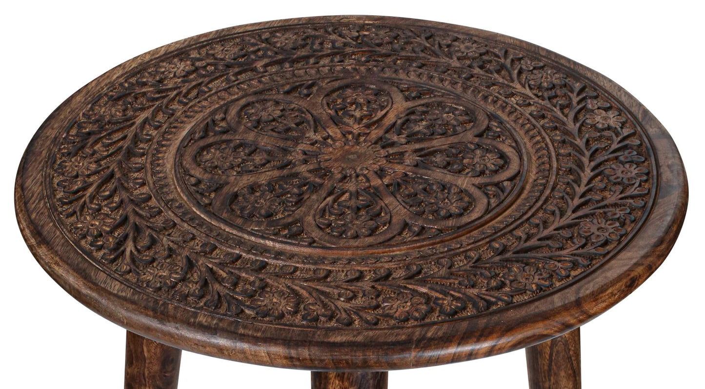 Side Tables Round with 3 Legs-Small Drink Table for Small Spaces, Modern Accent Nightstand with Hand-Carved Top & Solid Wood end Tables for Living Room, Bedroom,Office – Burnt Finish_18x22
