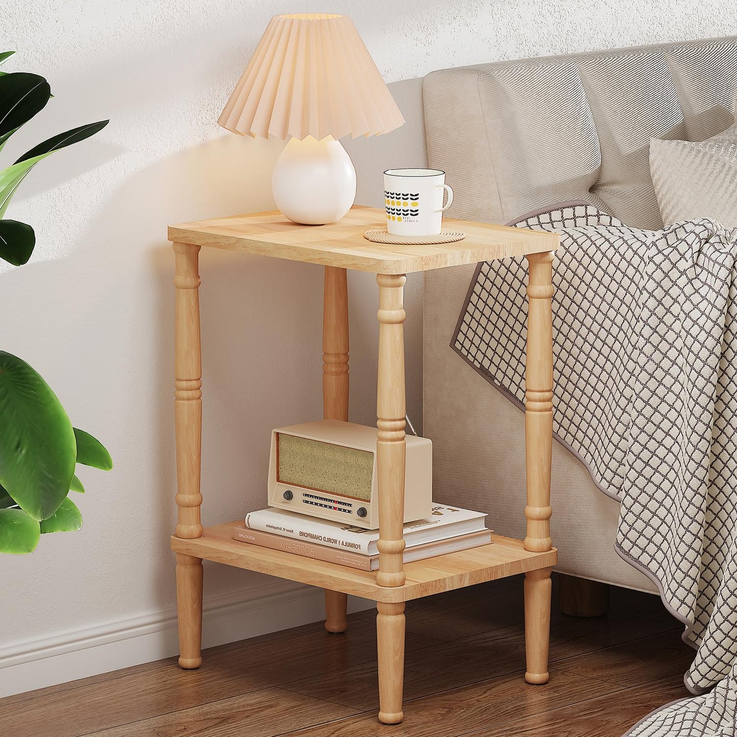 LUCKNOCK Solid Wood Side Table, Small Vintage End Table, Narrow Couch Side Table with Storage, Skinny Nightstand Bedside Table for Small Spaces, Bedroom, Living Room, Farmhouse, No-Tool Assembly.