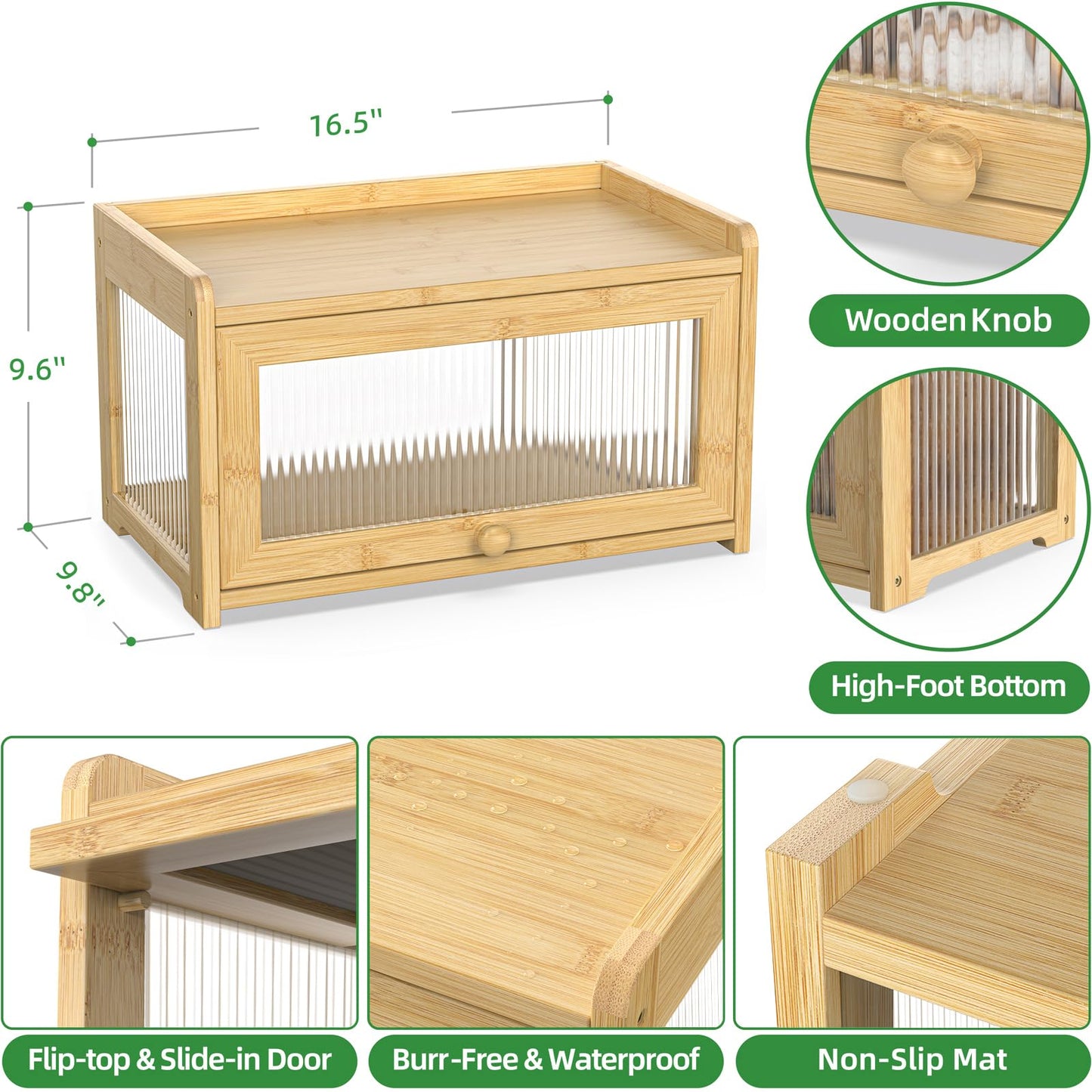 BAMBANG Bamboo Bread Box for Kitchen Countertop, Extra Large Farmhouse Bread Box with 4-Side Clear Panels, Wooden Bread Storage Container for Homemade Bread, Natural