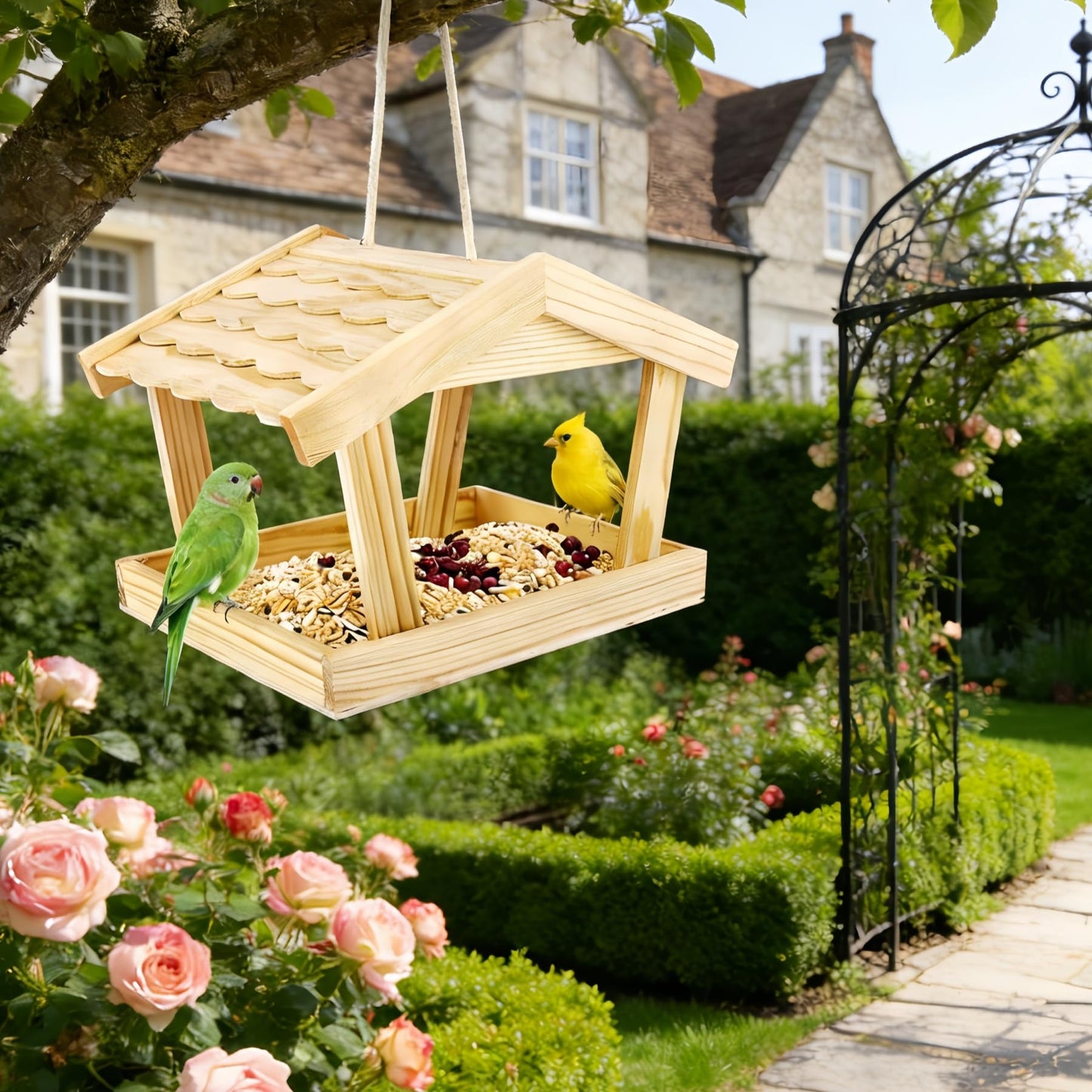 Dmnnlp Bird Feeders House, 10x6.3x7.8 Inch Wooden Wild Bird Feeders for Cardinals Finches Bluebird Mealworm, Platform Bird House Feeder for Garden Yard Outside Hanging, Unfinished Wood