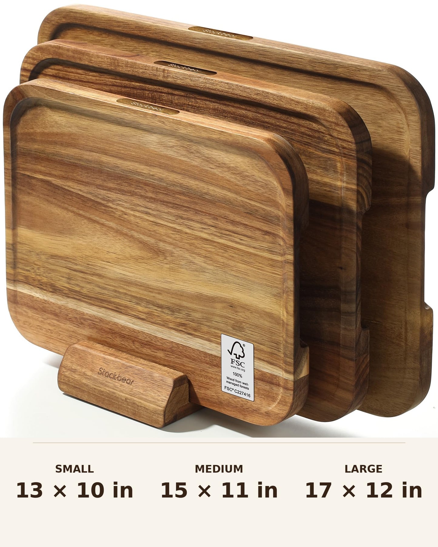 Starkbear Acacia Wood Cutting Board Set of 3 with Stand, Core-Cut Non Slip Wooden Chopping Block, Sloped Juice Groove Reversible Charcuterie Serving Tray for Modern Kitchen Gift