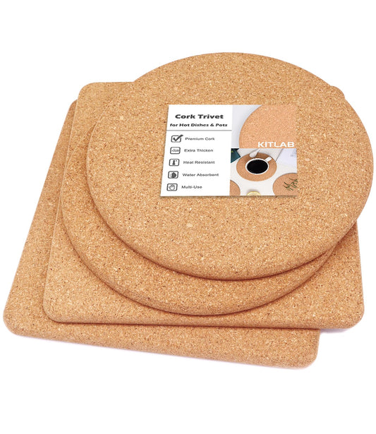 KITLAB Cork Trivet, High Density Fine Particle Thick Cork Trivets for Hot Dishes, 8 Inch Heat Resistant Cork Coaster, Cork Placemats Cork Hot Pads for Hot Pots and Pans, 4 Pcs