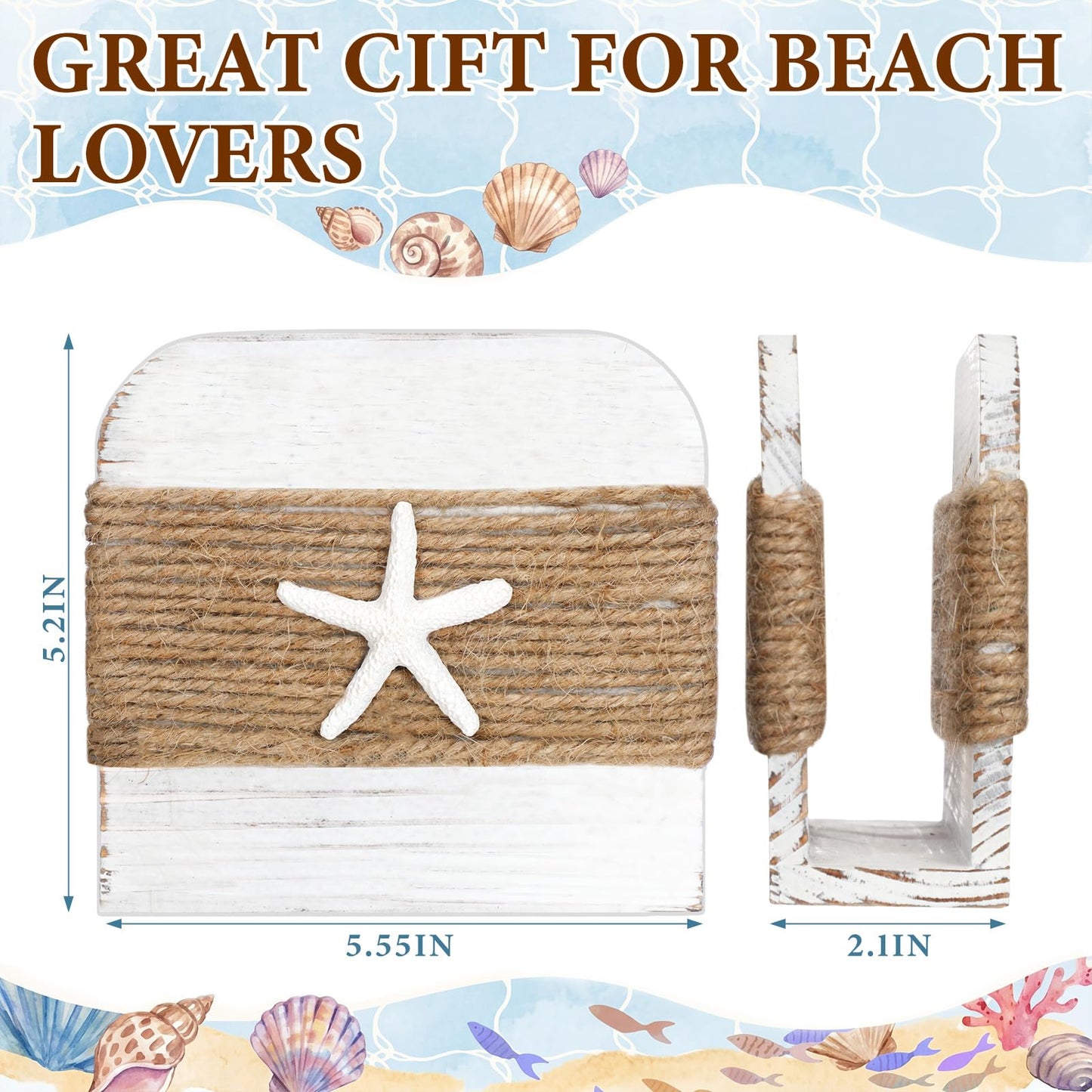 Ferrochef 2 Pack Coastal Natural Napkin Holder for Table, Beach Theme White Wooden Napkin Holders Tissue Dispenser for Table Kitchen Dining Coastal Room Home Decor