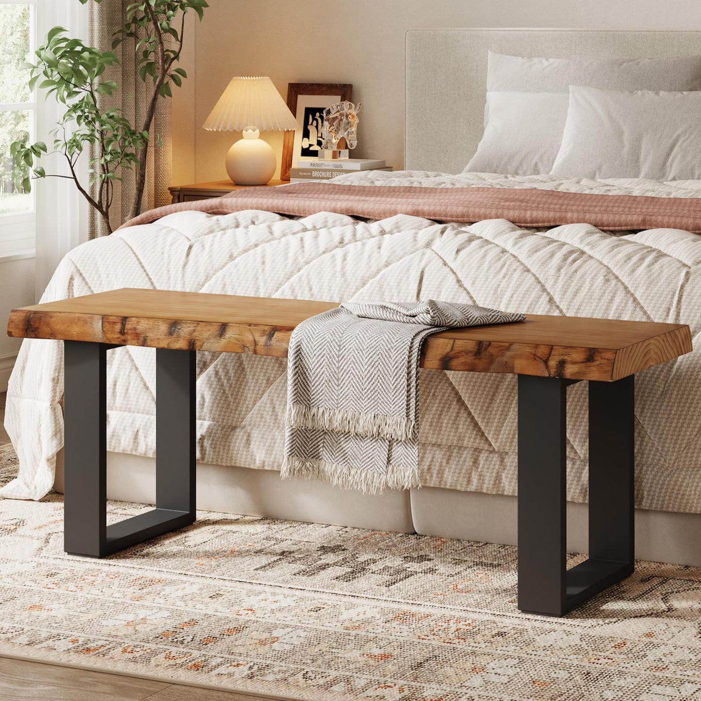 TRIBEWOOD Solid Wood Dining Bench, 47'' Industrial Entryway Bench with Black Metal Legs, Narrow Long End of Bed Bench for Bedroom, Kitchen, Living Room, Hallway, Easy Assembly