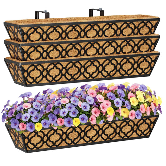 HFHOME 4 Pcs 30" Window Box Deck Railing Planter Box with Horse Trough Coco Liners, Black Metal Hanging Flower Planters Baskets for Indoor, Outdoor, Balcony, Porch, Fence, Patio, and Lawn