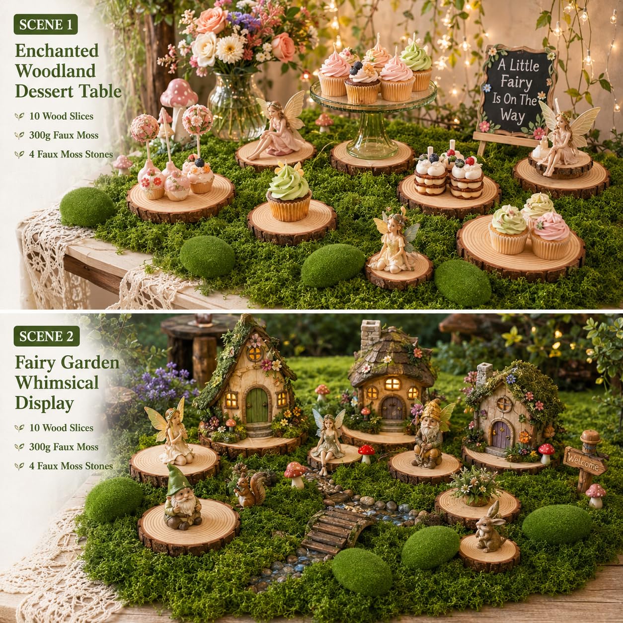 Fbidfoll 10 Wood Slices with Faux Moss, Moss Table Decor Centerpiece Kit