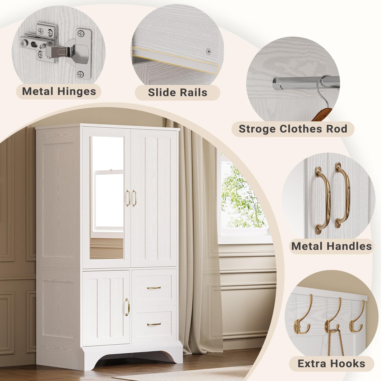 LIKIMIO Armoire Wardrobe Closet with Mirror and 3 Doors and 2 Drawers, Bedroom Wooden Armoire Storage Cabinet Combination with Hanging Rod for Bedroom, White