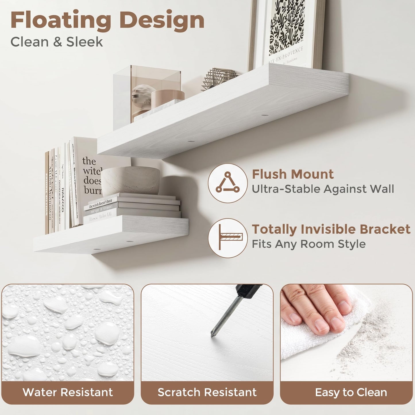 FLYJOE 20 Inch Floating Shelves for Wall Set of 2, 6.5" D Wood Grain Bathroom Shelves with Invisible Brackets, Easy Install Engineered Wood Storage Shelves for Kitchen, Living Room, Bedroom