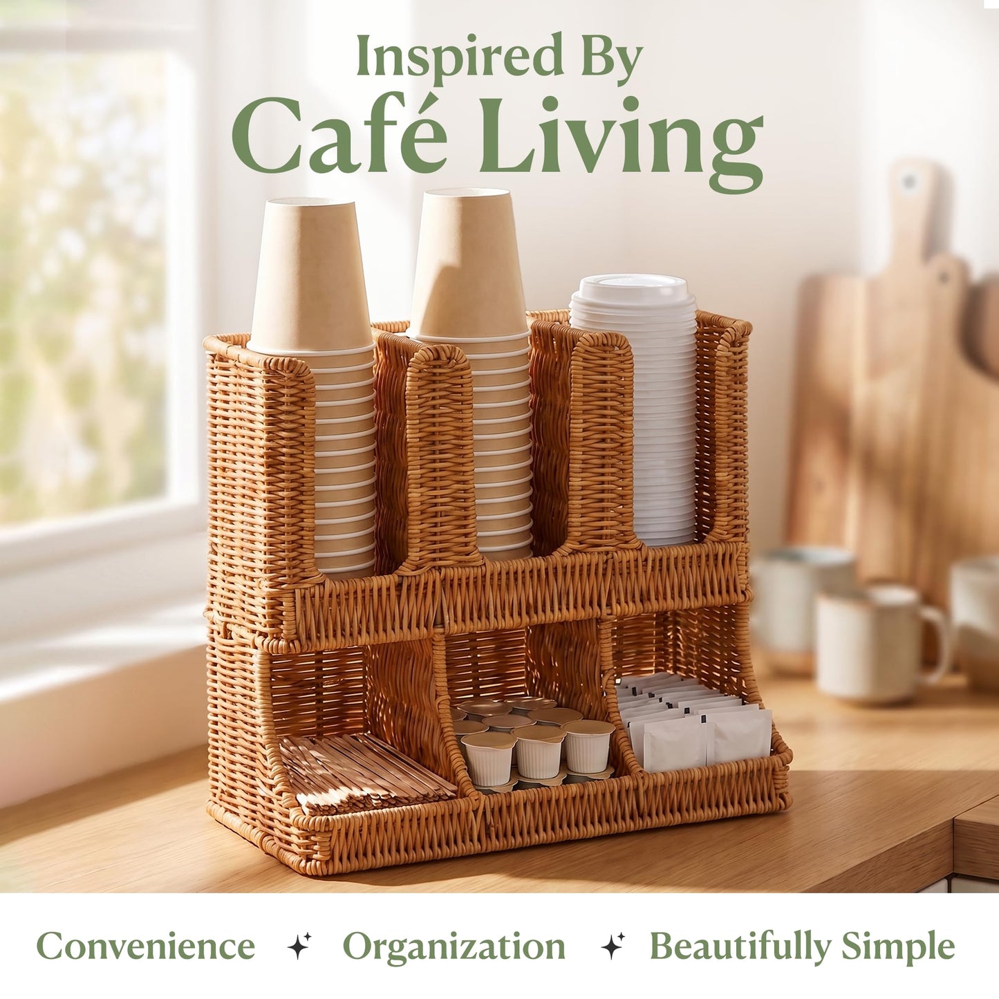Cantalop Cup and Condiment Holder, Coffee Station Organizer for Cups Lids Sugar Creamer and Stirrers, Handwoven Countertop Coffee Bar Organizer for Office Breakroom