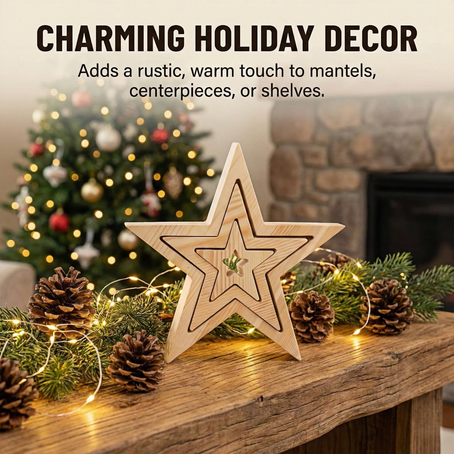 9.7 Inch Wooden Star Decor – Rustic Farmhouse Table Centerpiece, Natural Wood Nested Sign for Mantel, Shelf, Office, Kitchen, Holiday Decorations