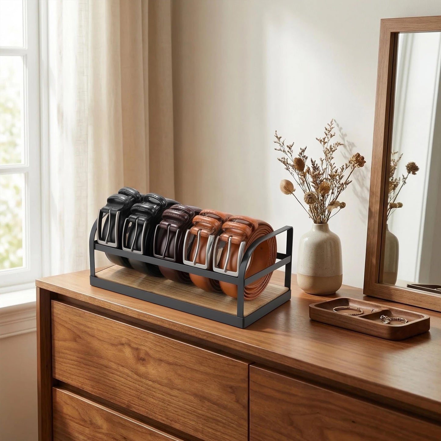 DAOYA 5-Slot Belt Organizer for Closet, Bamboo Wooden Belt Storage Rack for Dresser Drawer, Display Belts Ties Neatly, Sturdy Gift for Men