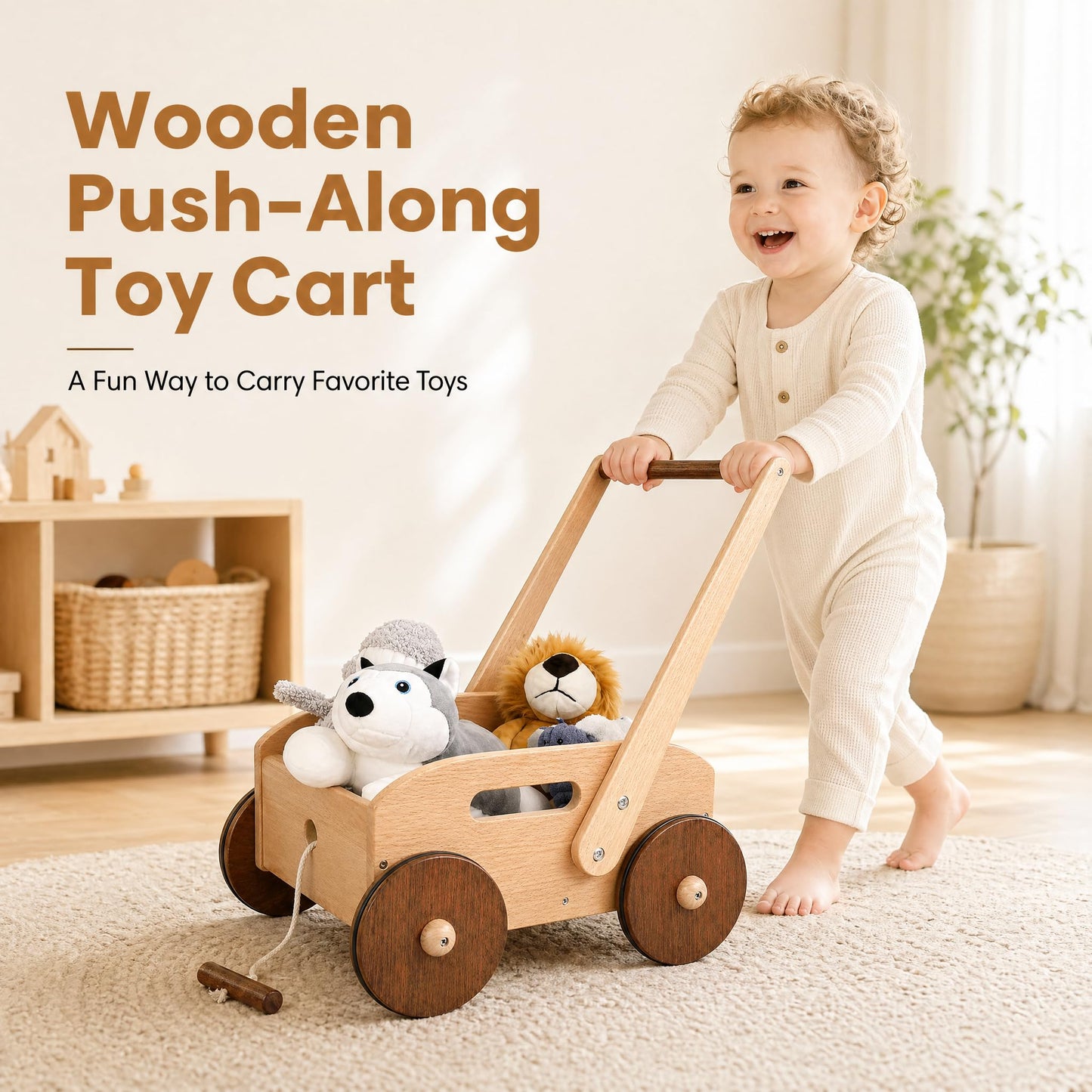Woodtoe Wooden Baby Walker, Adjustable Speed Baby Push Walker, Montessori Push Toys for Babies Learning to Walk, Educational Walking Toys Gift for Toddler Boys Girls 1 2 3 Years Old