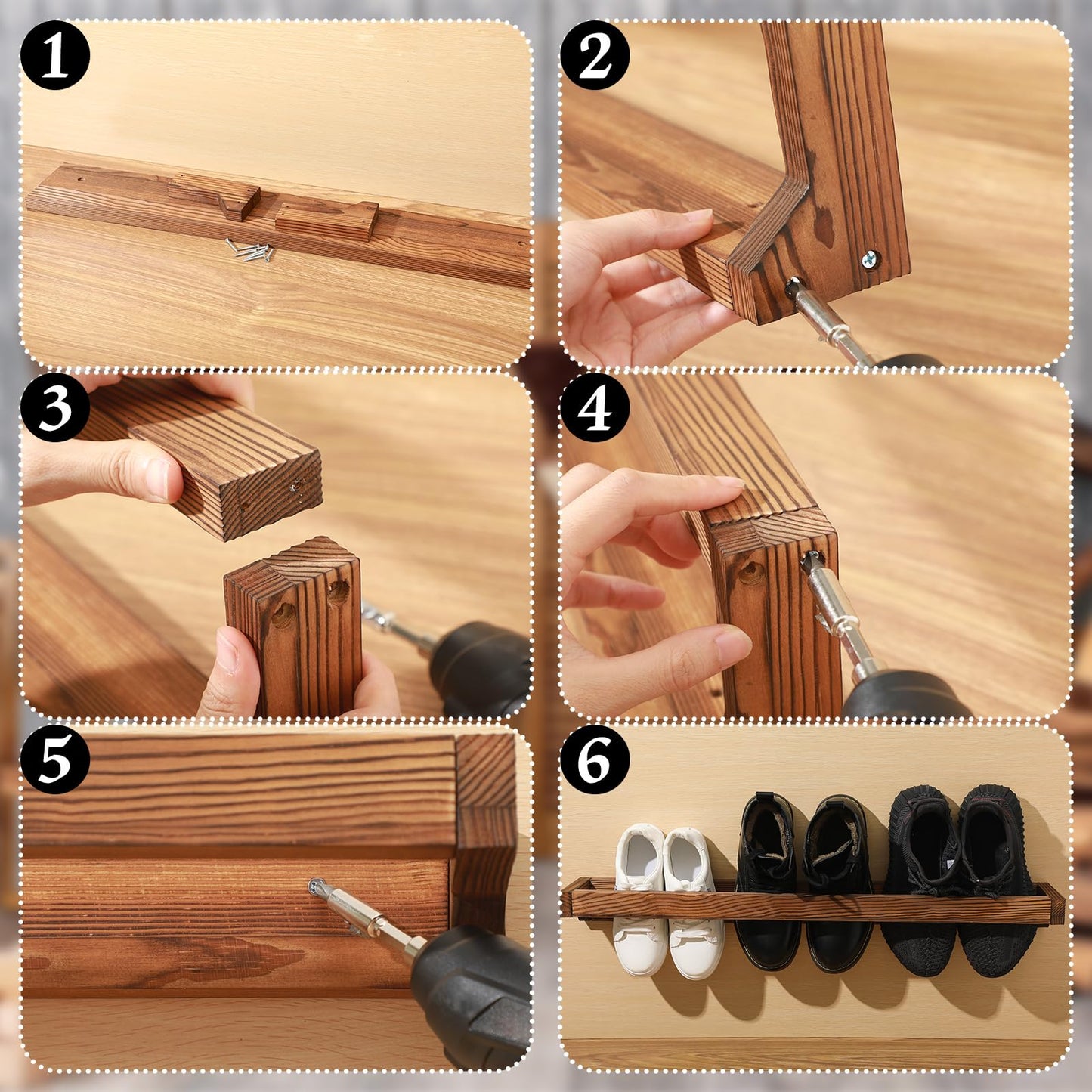 Wenqik 4 Pcs Wall Mounted Wooden Shoe Rack 30 Inch Rustic Wood Wall Hanging Shoe Rack Space Saving Footwear Holder Shoes Storage Organizer for Mudroom, Entryway, Closet (Burnt Wood)