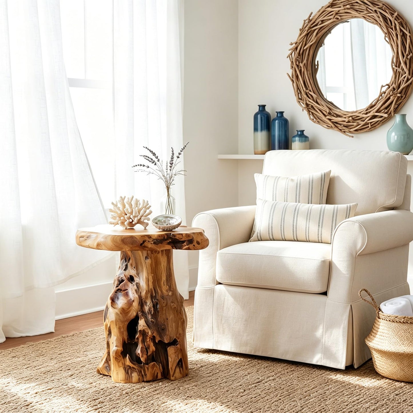 WELLAND Natural Tree Stump Stool, 19'' Tall Side Table, Live Edge End Table, Natural Edge Accent Table, Plant Stand for Living Room, Bedroom