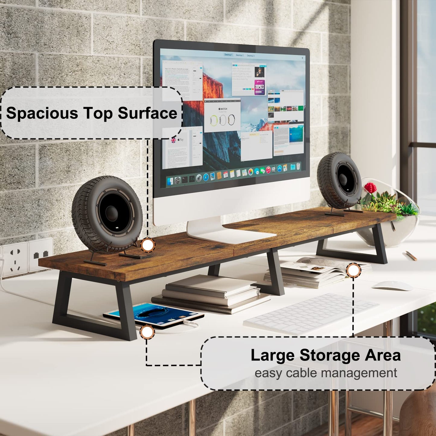 TEAMIX 42 inch + 14.2 inch Dual Monitor Riser for Desk Small Monitor Stand TV/Screen/PC/Laptop Riser Computer Stand Desktop Shelf.