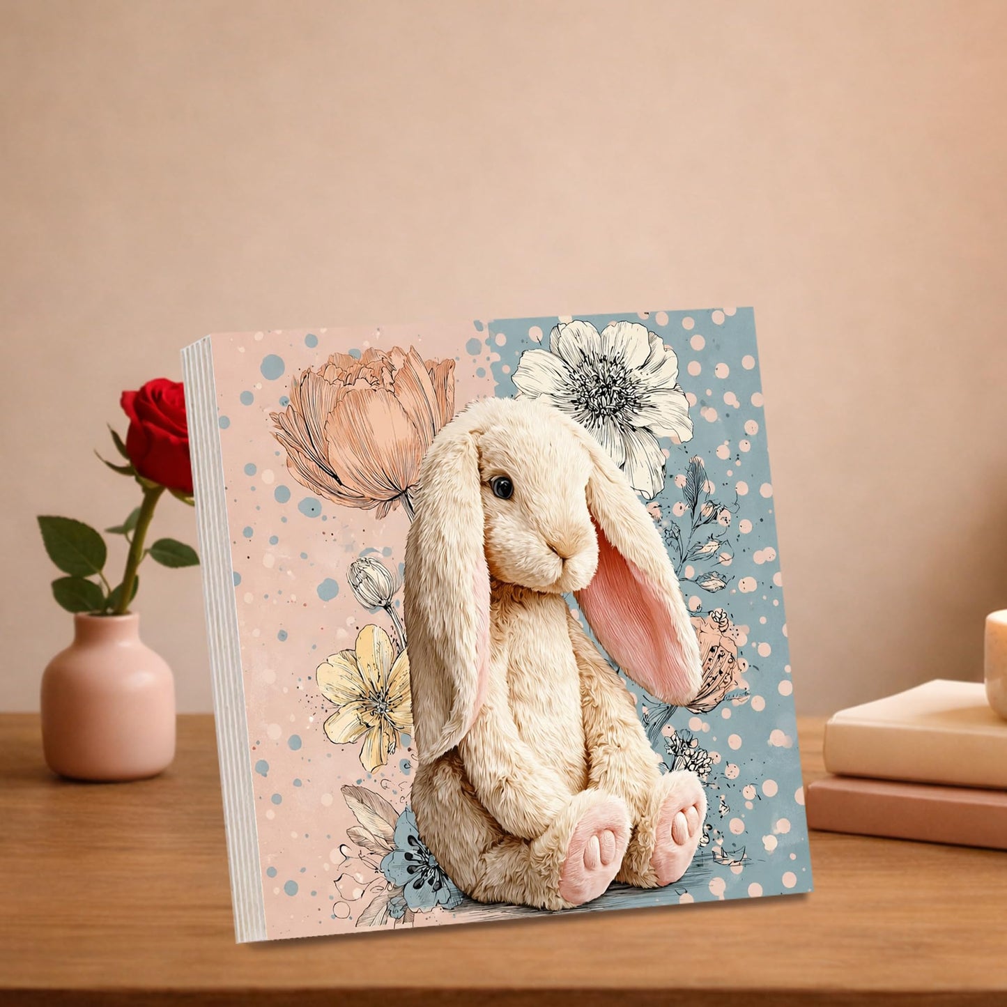 Easter Bunny Wooden Block Sign, Cute Floral Spring Farmhouse Decor Shelf Sitter for Table Mantel Tiered Tray, Pastel Easter Home Accent Gift