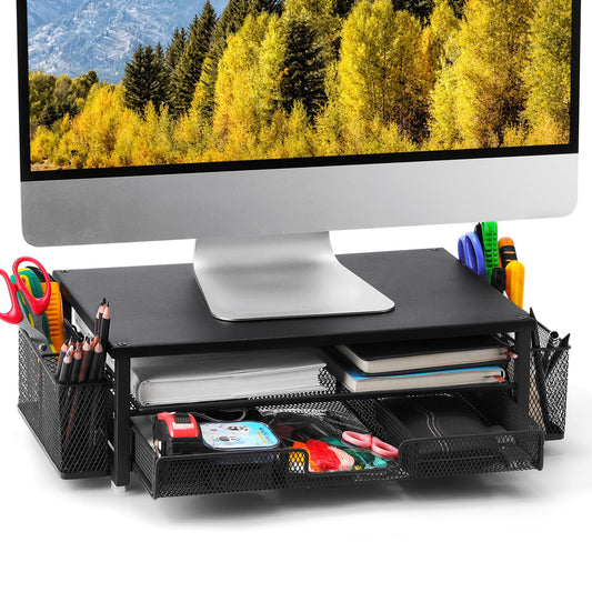 2-Tier Monitor Stand with Drawer, Laptop Stand with Storage for Desk, Heavy Duty Iron Computer Stand Riser & Desk Organizer with Drawers, Home Office Mesh Shelf for Monitor up to 32 Inch (Black)