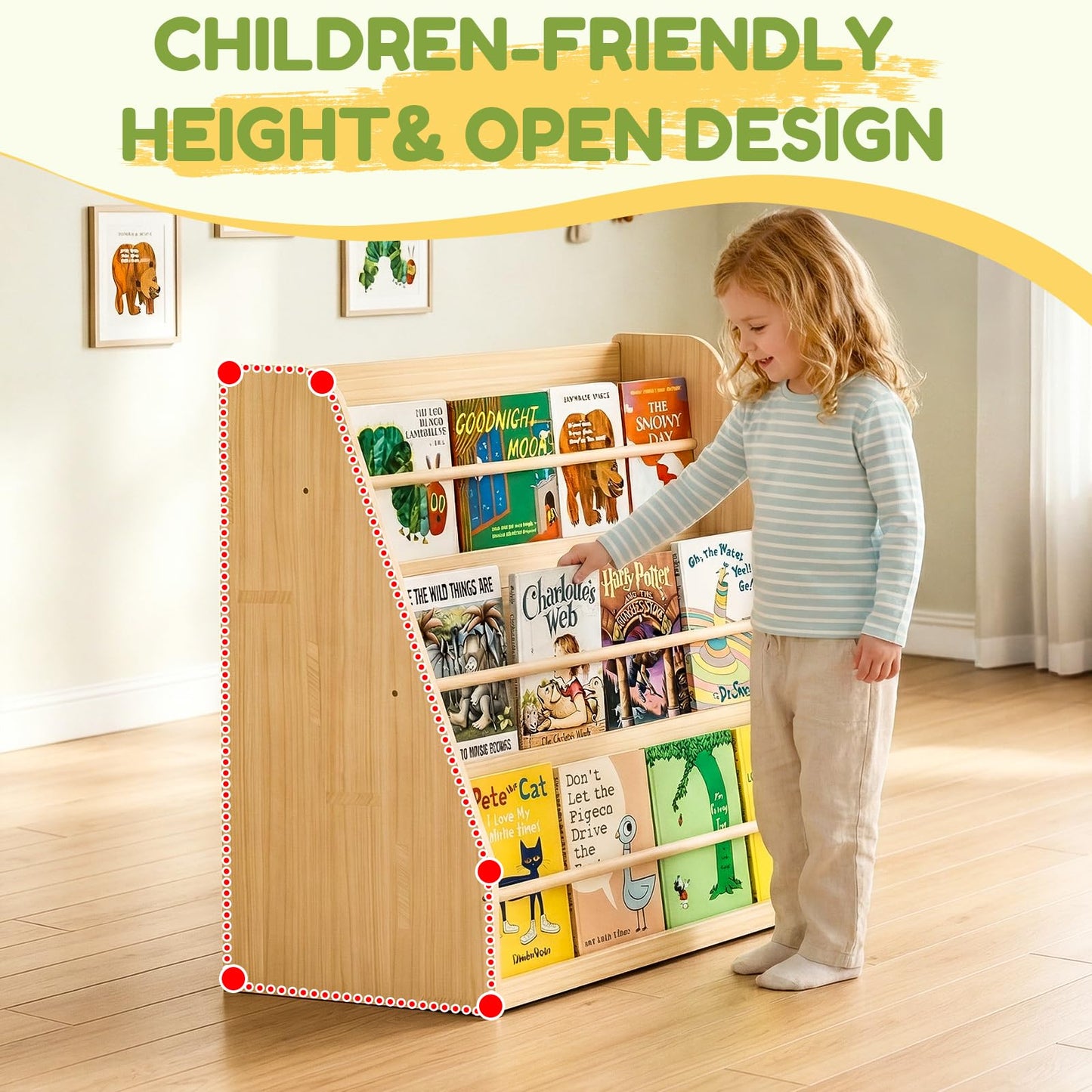 XiaZ Kids Bookshelf, Wooden Montessori Bookshelf for Toddlers with Front-Facing Display, Baby Book Display Shelves for Small Spaces, Childrens Book Organizer for Playroom, Nursery & Classroom, 3-Tier