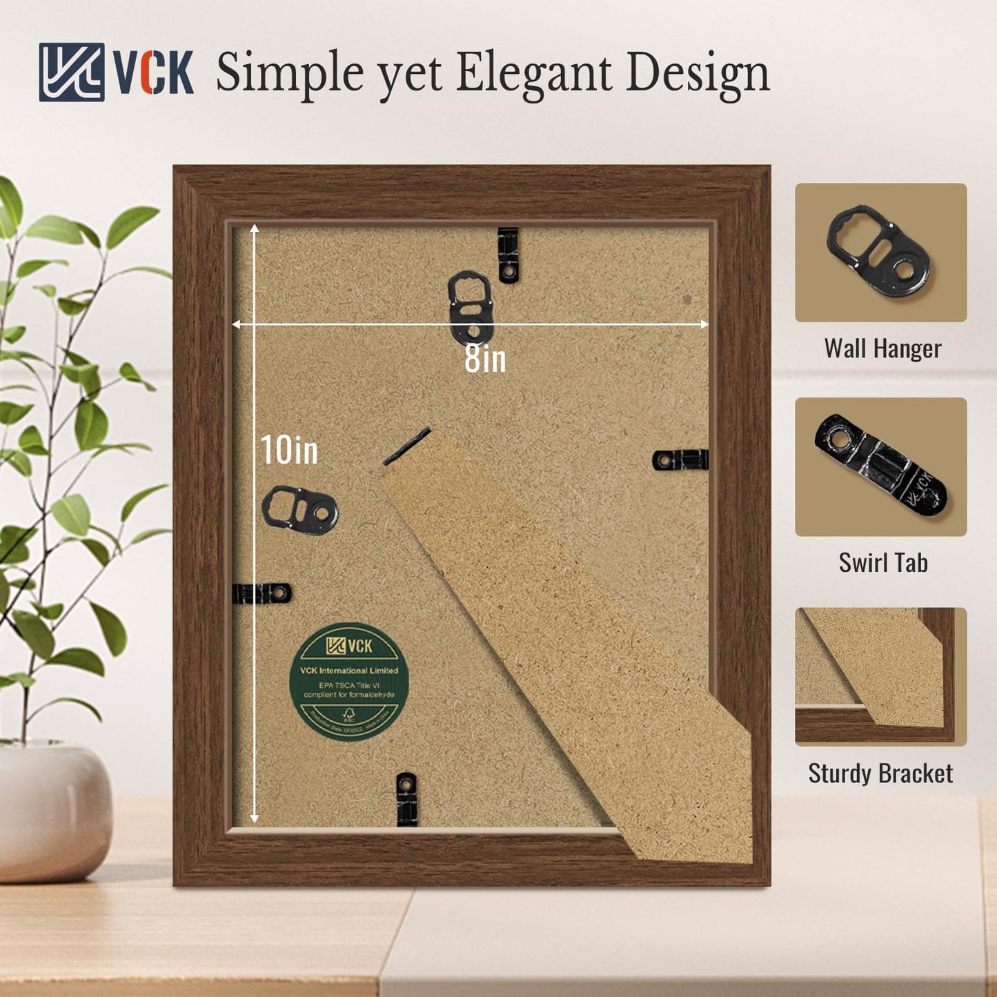 VCK 8x10 Picture Frame with Glass - 4 Pack, Display Pictures 5x7 with Mat or 8 x 10 without Mat - Wall and Tabletop, 8 by 10 Photo Brown Wooden Frames