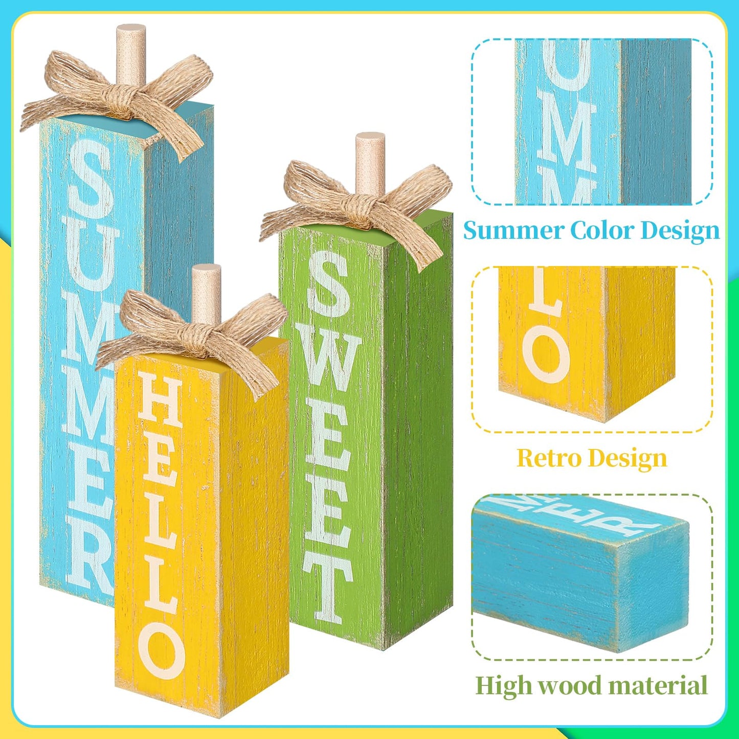 Seeloowy 3 Pcs Hello Sweet Summer Table Block Signs Rustic Farmhouse Wood Lemon Centerpiece Blue Yellow Green Hello Summer Decorations for Tiered Tray Decor Home Office Kitchen Mantel Shelf Indoor