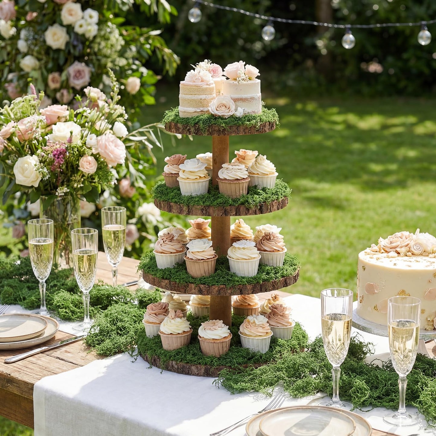 Wenqik 4 Tier Wooden Cupcake Stand Rustic 17 Inch Natural Wood Display Tower Stand with 7 oz Fake Green Faux Moss for Woodland Baby Shower Wedding Birthday Party Decor Garden Dessert Table Centerpiece