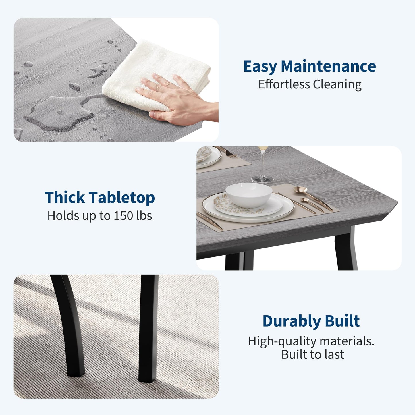 Garvee Dining Table for 4, 3-Piece Kitchen Table Set with Wooden Tabletop and Metal Frame, Industrial Retro Kitchen Table with 2 PU Leather Benches for Bar, Dining Room, Restaurant- Grey