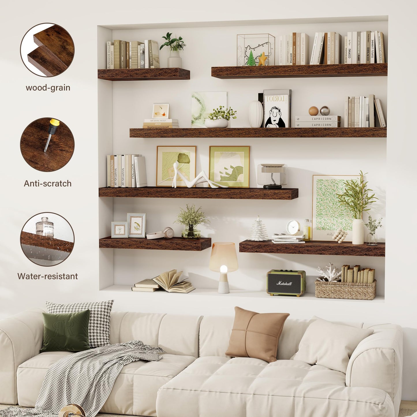 Acovy 36 Inch Floating Shelves, 12" Deep Floating Shelf Wall Mounted, 36" Wall Shelves, Rustic Deep Bookshelf, Extra Deeper & Thicker Display Shelves for Bedroom, Living Room, Brown, Set of 2