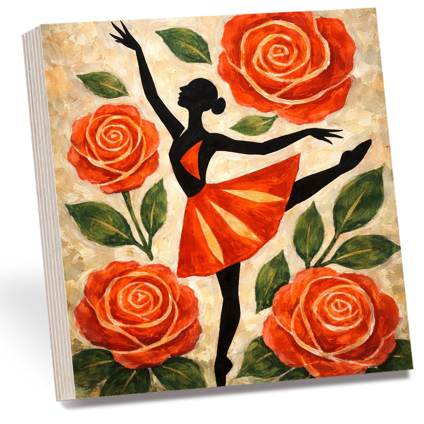 Dancer Floral Wooden Block Sign, Feminine Ballet Art Decor, Red Rose Dance Illustration Shelf Sitter, Elegant Home Table Mantel Tiered Tray Gift for Dance Lover
