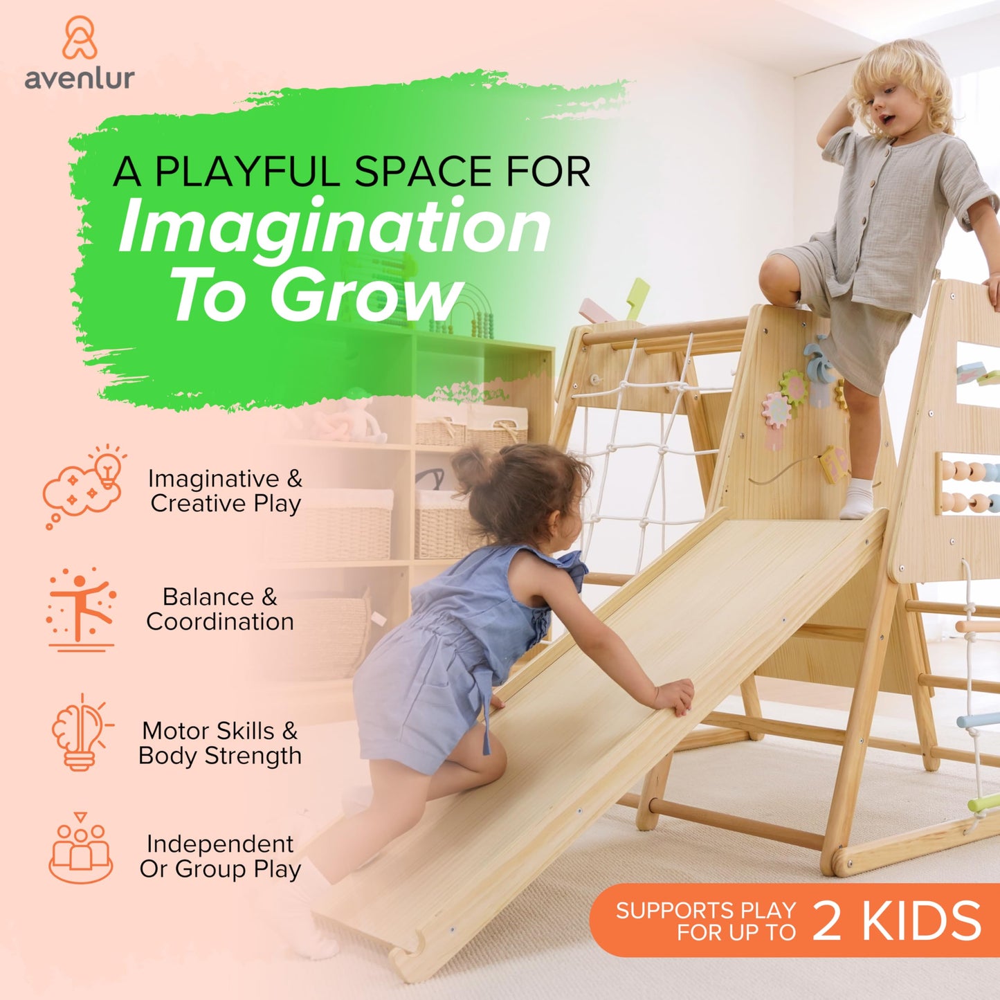 Avenlur Cherry 5-in-1 Wooden Indoor Climber – Montessori Toddler Play Gym with Slide, Rock Wall, Rope Ladder, Sensory Panel & Swing – Indoor Playground for Kids Ages 18 Months to 5 Years