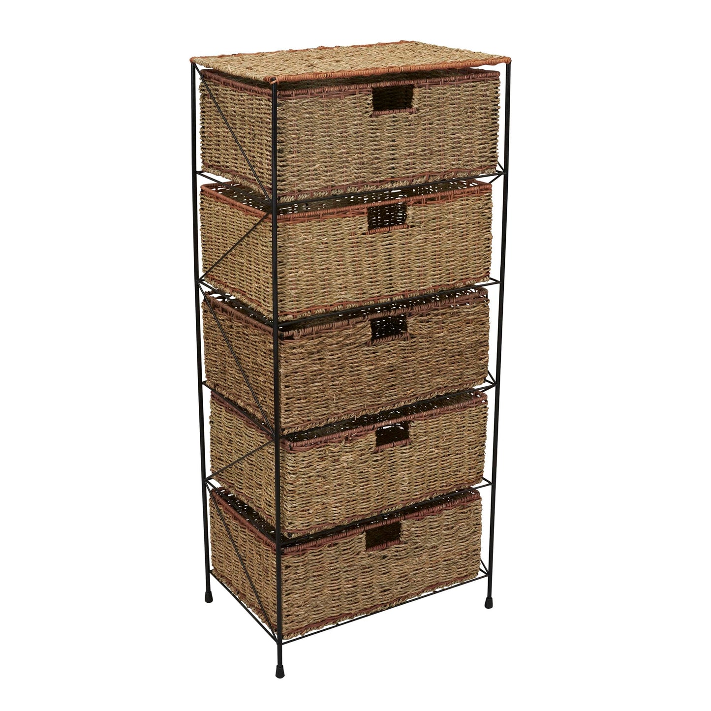 Household Essentials 5 Drawer Seagrass Wicker Storage Tower with Handwoven Rattan Design and Strong Metal Frame, Natural Rustic Modern Finish