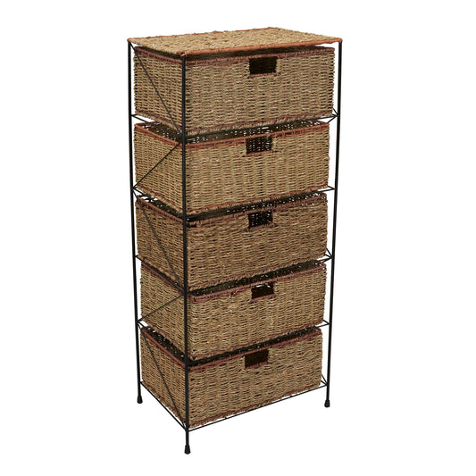 Household Essentials 5 Drawer Seagrass Wicker Storage Tower with Handwoven Rattan Design and Strong Metal Frame, Natural Rustic Modern Finish