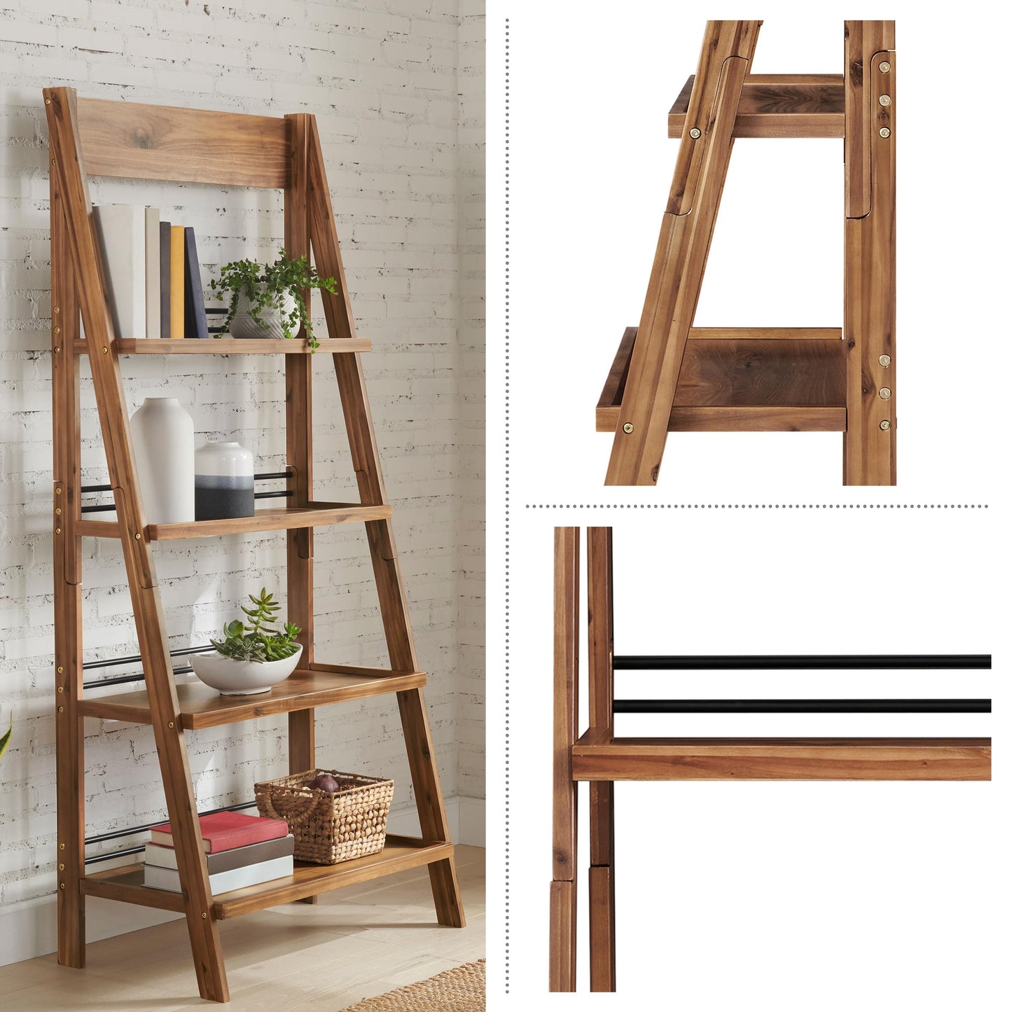 Alaterre Furniture Ladder Bookshelf - Freestanding 4-Tier Bookcase with X-Back Frame - Shelves for Living Room, Kitchen, Bedroom, and Office (Walnut)