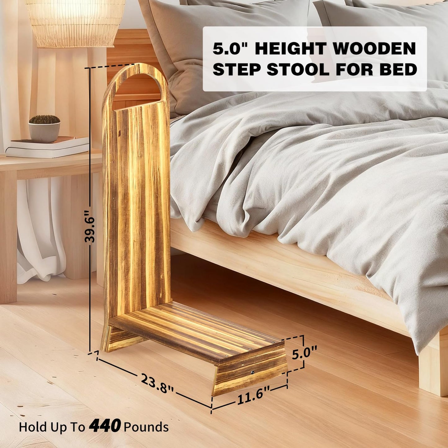 Coocure Wooden One Step Stool with Handle, 5" Height Wooden Step for Bathroom/Kitchen, Solid Wooden Step with trapezoidal feet for Elderly, Adults, Kids to Get in & Out of Bed Easily(440LBs Capacity)