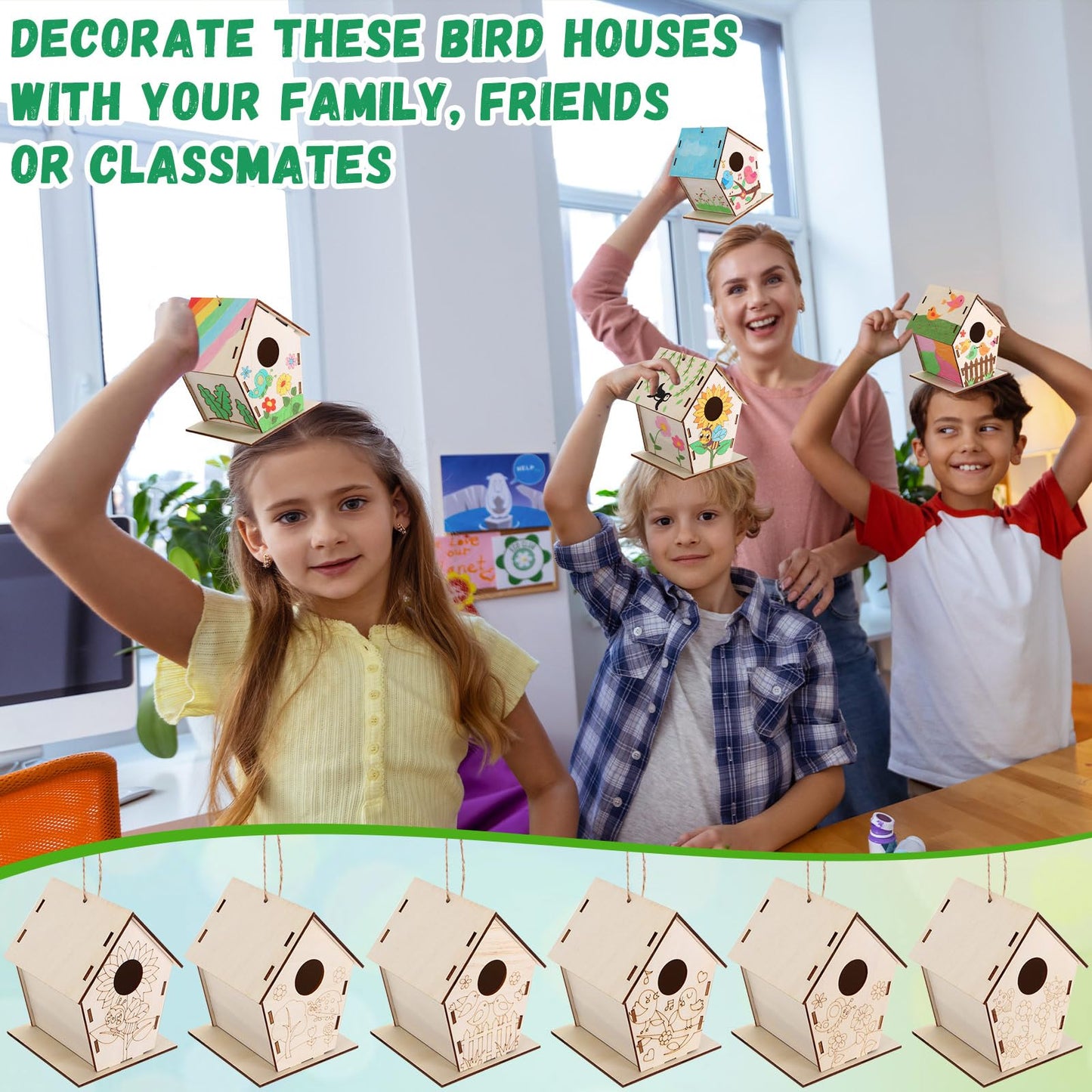 DoubleFill 24 Pack Wooden Bird House Bulk for Kids Birdhouse Kit Wood Houses for DIY Unfinished Hanging Birdhouse Kits, Wooden Craft Houses to Paint Family Camping Summer Crafts