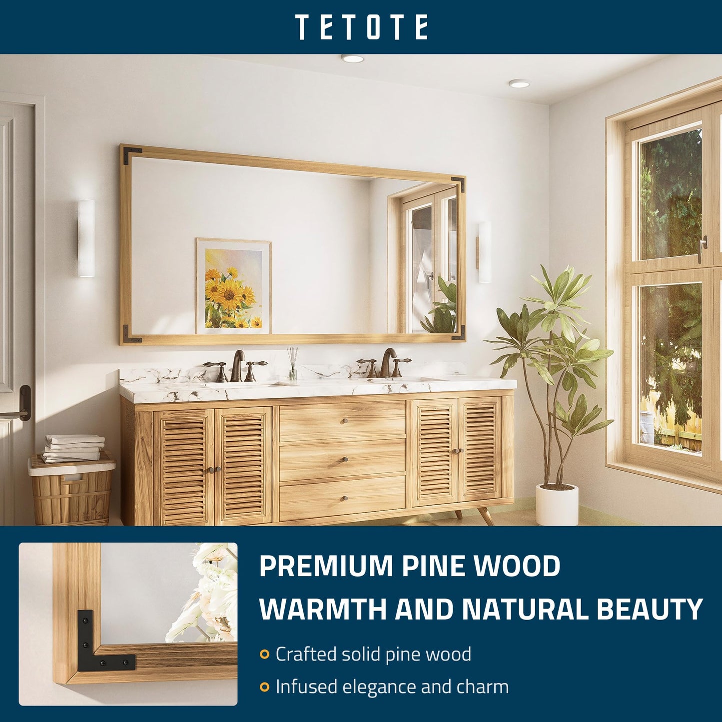TETOTE 72 x 36 Natural Wood Mirror for Bathroom Wall/Bedroom/Living Room/Entryway Farmhouse Rustic Bathroom Vanity Mirror for Over Sink Waterproof (Horizontal/Vertical Mounted)
